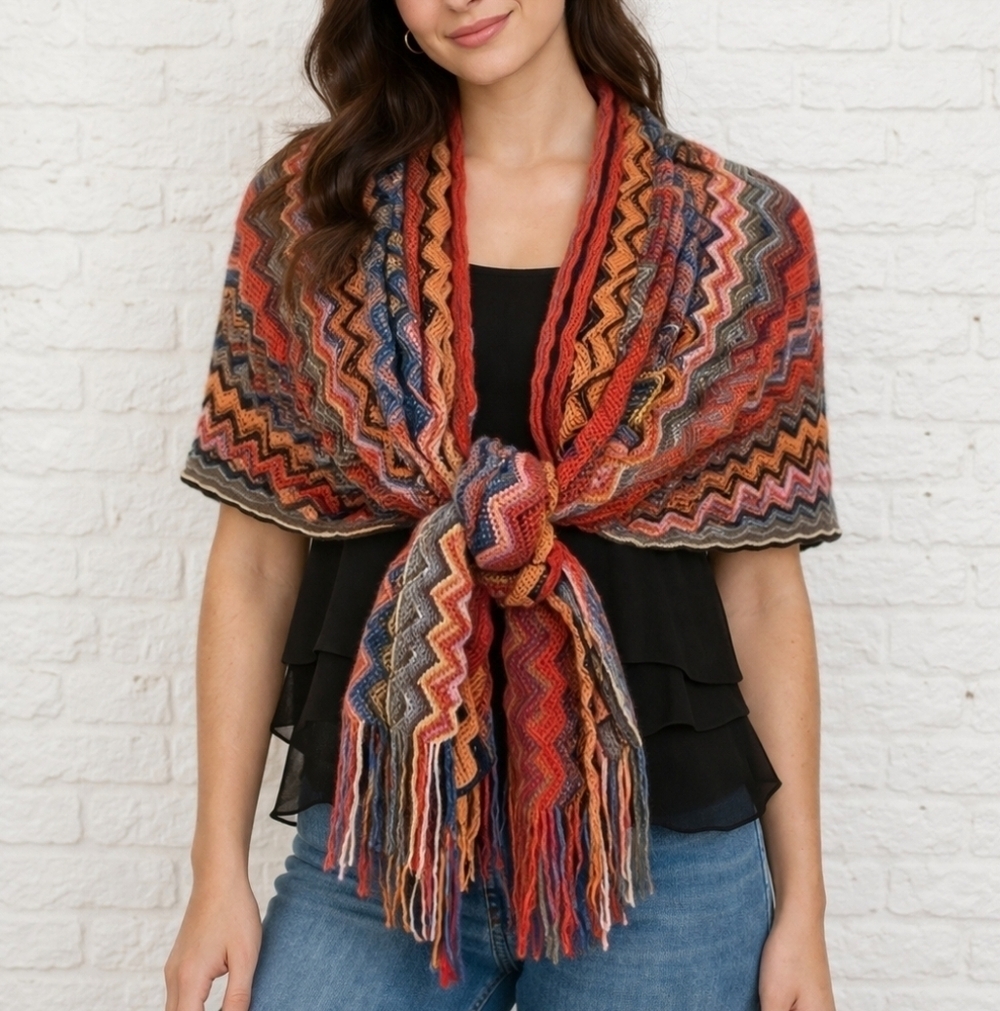 Cejon Rainbow Zigzag Fringe Knit Shall Wrap Blanket Stole
